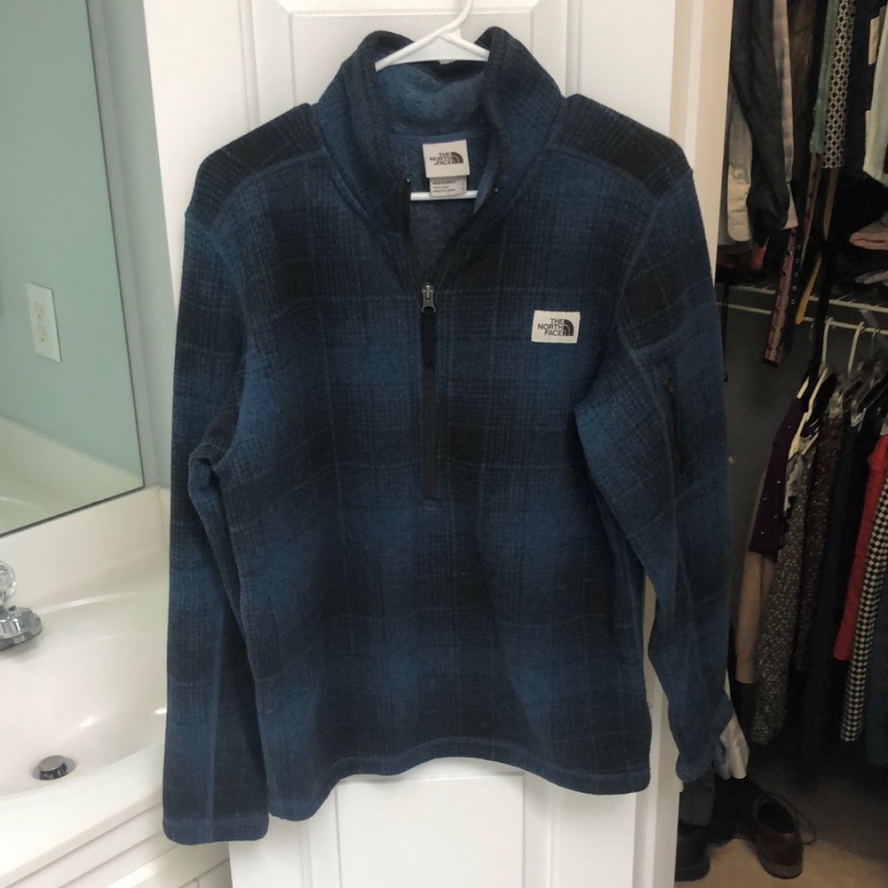 The North Face Blue Plaid Mens Quarter-Zip Sweater Size S - Excellent Condition